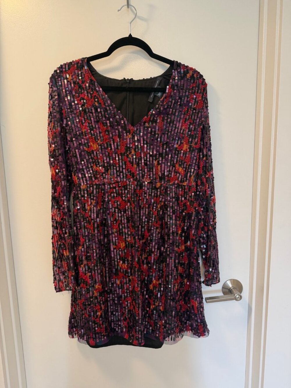 French Connection Purple Red Sequin V-Neck Long-Sleeve Dress US 10